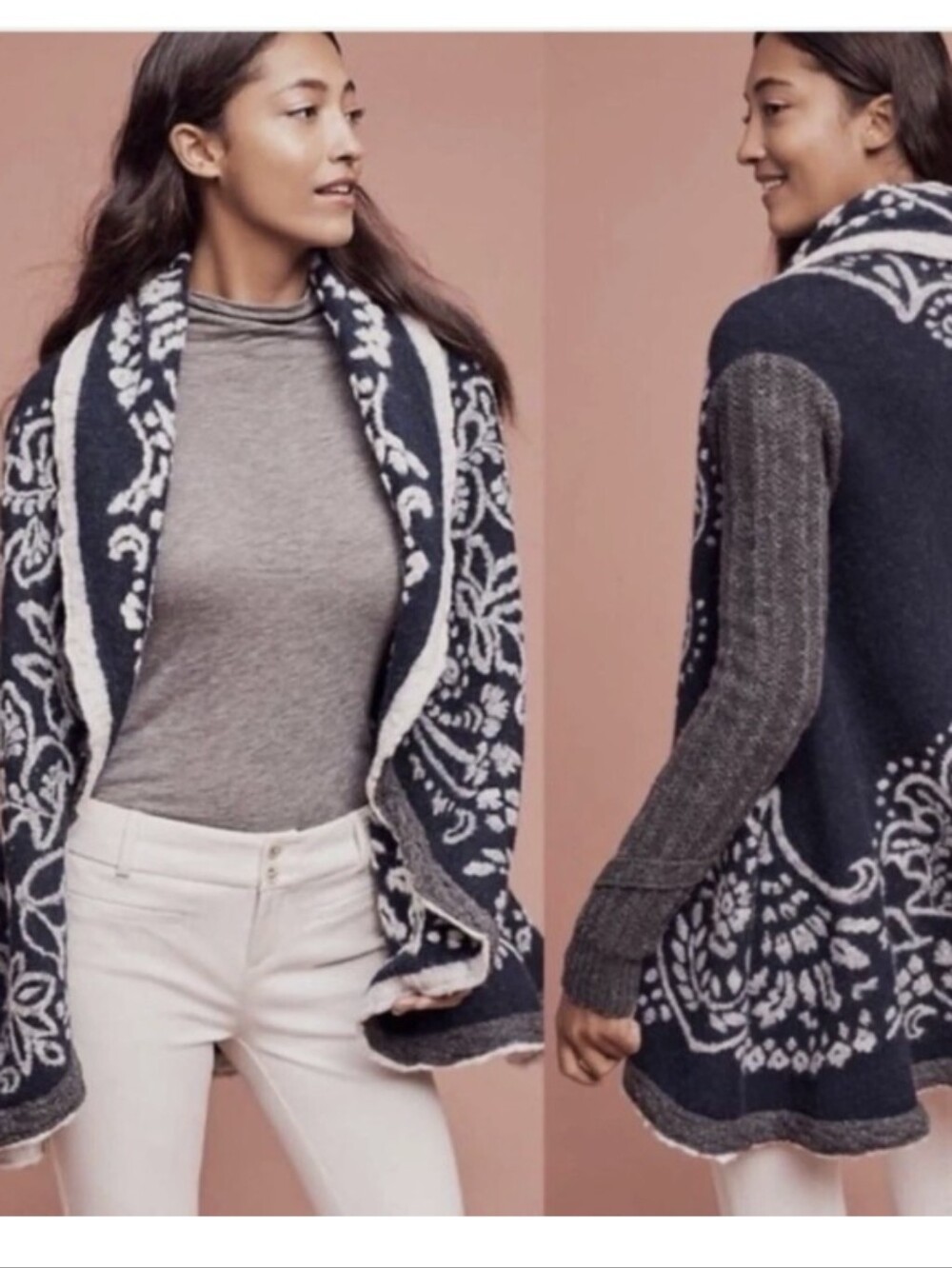 Anthropologie Navy & White Sleeping On Snow First Snow Open-Front Cardigan Small